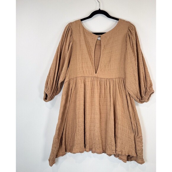 Free People Beach Dress Brown Get Obsessed Babydoll Mini Puff Sleeve A Line XS - Picture 8 of 11